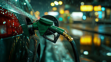 Close-up of a green gas pump at a car's fuel tank, filling it with oil, on a blurred background with blank space. High-resolution photography, stock photo. Incredibly detailed, with sharpened details