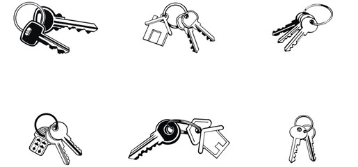Keys with home key ring unique hand drawn line art silhouette vector set design
