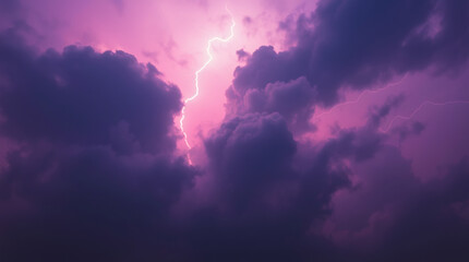 Lightning pierces the dark clouds, illuminating the sky with rich purple hues.