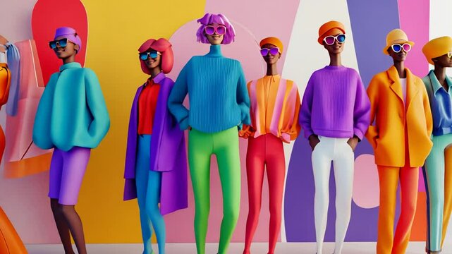 Vivid avatars flaunt stylish apparel against playful backdrop brimming with chromatic vibrancy