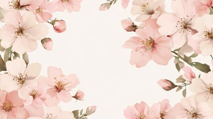 Obraz premium Delicate, pastel pink cherry blossoms frame a white background.