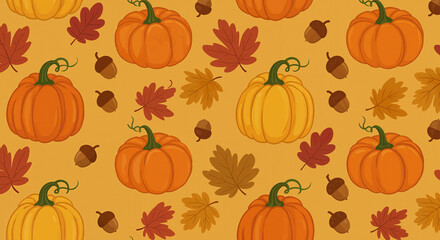 Seamless pumpkin and leaf pattern on orange background