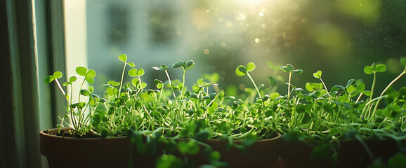 Close-up of microgreen sprouts in a home window, high-resolution photography, stock photo, high qualit