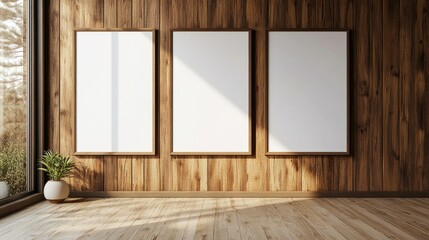 Open-concept office with blank poster frames on a wood-paneled wall, perfect for branding or mockup presentation