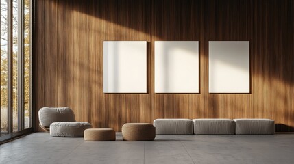 Sleek modern office interior with stylish wooden wall featuring blank white posters, minimal furnishings, and soft natural lighting