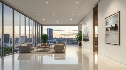 Stylish corporate office with uncluttered white wall and a dramatic cityscape visible through expansive windows