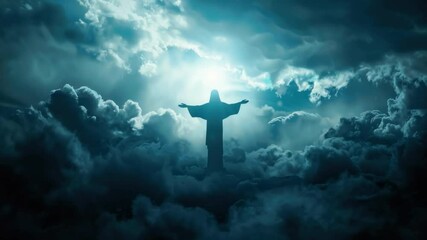 Christ the Redeemer in Rio: A majestic silhouette of Christ the Redeemer statue, bathed in celestial light, amidst a dramatic tapestry of clouds, evoking spirituality and wonder.