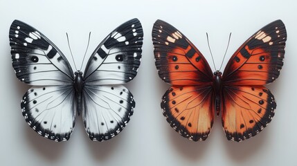 Naklejka premium Contrast and Colors: A detailed view showcases two butterflies. One is presented in grayscale and the other in vibrant orange hues.