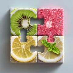 Fruit Puzzle: This creative image shows four puzzle pieces, each one representing a fresh fruit slice, combined to form a cohesive whole.