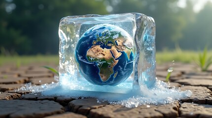 A melting ice cube with the Earth inside rests on dry, cracked ground, powerfully symbolizing global warming, climate change, and the environmental impact of rising temperatures on our planet’s future