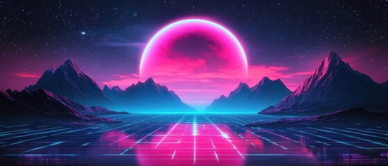 Fototapeta premium Retro Futuristic Landscape: Pink Moon Over Neon Mountains