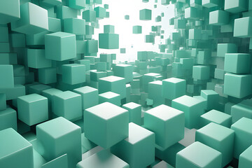 Fototapeta premium Abstract teal 3D cubes floating in space with light background and copy space
