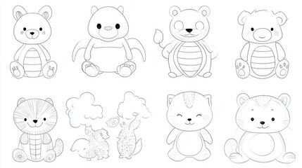 Cute cartoon animals coloring book illustrations