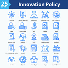 Innovation Policy is a collection of icons in sheet format representing legal elements and protection of intellectual property rights in the digital era.
