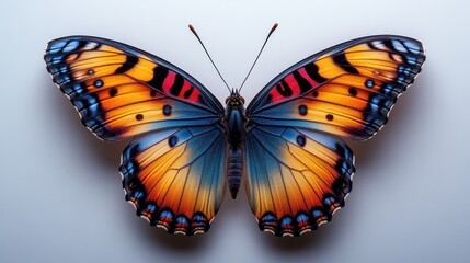 Naklejka premium Butterfly Wings in Focus: An intricate and vibrant butterfly with bold, patterned wings, a stunning showcase of nature's artistry. The vibrant hues and delicate details are captivating.