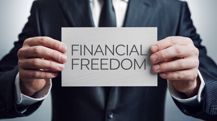 Close-up of hands in suit holding card with "Financial Freedom" text, showcasing achievement and financial success concept