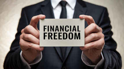 Man in suit holding card with "Financial Freedom" text, showcasing financial success and independence concept