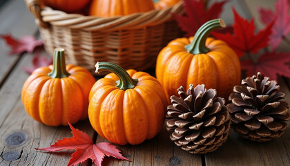 Pumpkins and Pinecones Arranged with Autumn Leaves on Wooden Table  