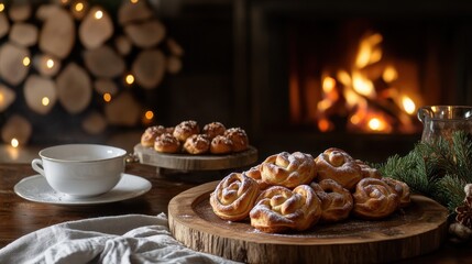 Sweet rolls sit on wooden platters near a fireplace