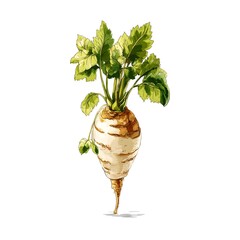 Radish watercolor painting: A vibrant watercolor painting of a fresh radish, showcasing its crisp, earthy root and fresh, green leaves. It exudes a sense of natural freshness and culinary appeal. 