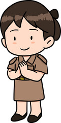 Cute cartoon character with A female teacher  acting sawasdee or Whai In Thailand illustration