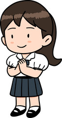 Cute cartoon character with High-school student girl acting sawasdee or Whai In Thailand  illustration