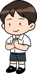 Cute cartoon character with student boy acting sawasdee or Whai In Thailand illustration