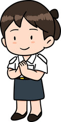 Cute cartoon character with Thai navy female  acting sawasdee or Whai In Thailand illustration