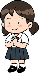 Cute cartoon character with student girl acting sawasdee or Whai In Thailnad illustration