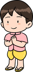 Cute cartoon character with Thai traditional boy acting sawasdee or Whai In Thailand illustration