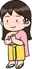 Cute cartoon character with Thai traditional girl acting sawasdee or Whai In Thailand illustration