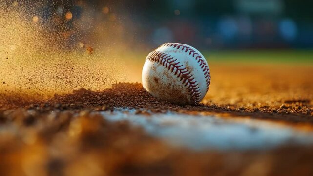 Baseball in Action: Capture the thrill of the game with a close-up shot of a well-worn baseball rolling along the edge of the base line on a dusty field.