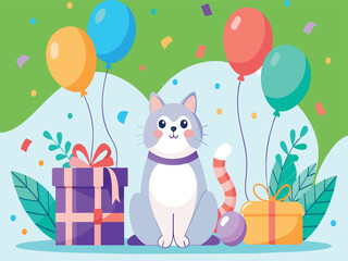 Fototapeta premium A fun cartoon elephant and Cat celebrate a child's birthday with balloons and a heart pattern