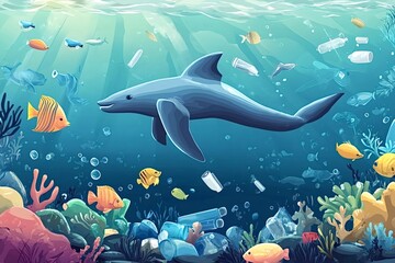 Fototapeta premium Vibrant underwater scene depicting marine life swimming among plastic waste. Fish and coral coexist with bottles and cans, highlighting environmental challenges faced by ocean ecosystems