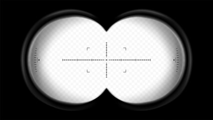 Binoculars sight view. POV lens frame with crosshair for spy, military, or hunting optics. Transparent vector overlay