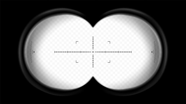 Binoculars sight view. POV lens frame with crosshair for spy, military, or hunting optics. Transparent vector overlay