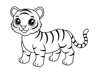 A cute cartoon vector illustration features a baby elephant and tiger, wild mammals enjoying a fun safari adventure in their nature habitat