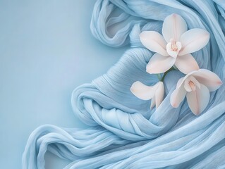 Light blue fabric draped with delicate orchids