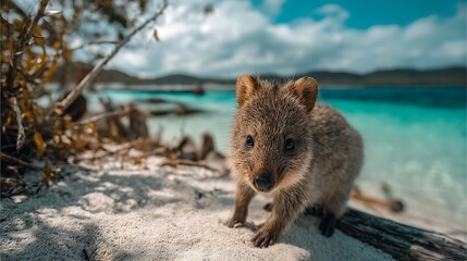 Adorable Quokka on Tropical Sandy Beach near Turquoise Water