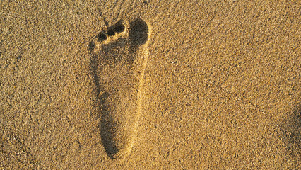 A clear single footprint impression etched into a smooth golden sandy beach, illuminated by...