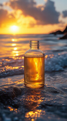 Tiny glass bottle with essential oil sitting atop rocky shoreline during golden sunset, radiating serene wellness and natural tranquility