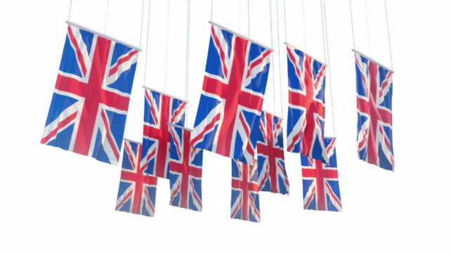 Multiple British flags isolated on transparent background