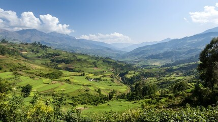 Fototapeta premium Serene mountain valley landscape with terraced fields under a bright blue sky.