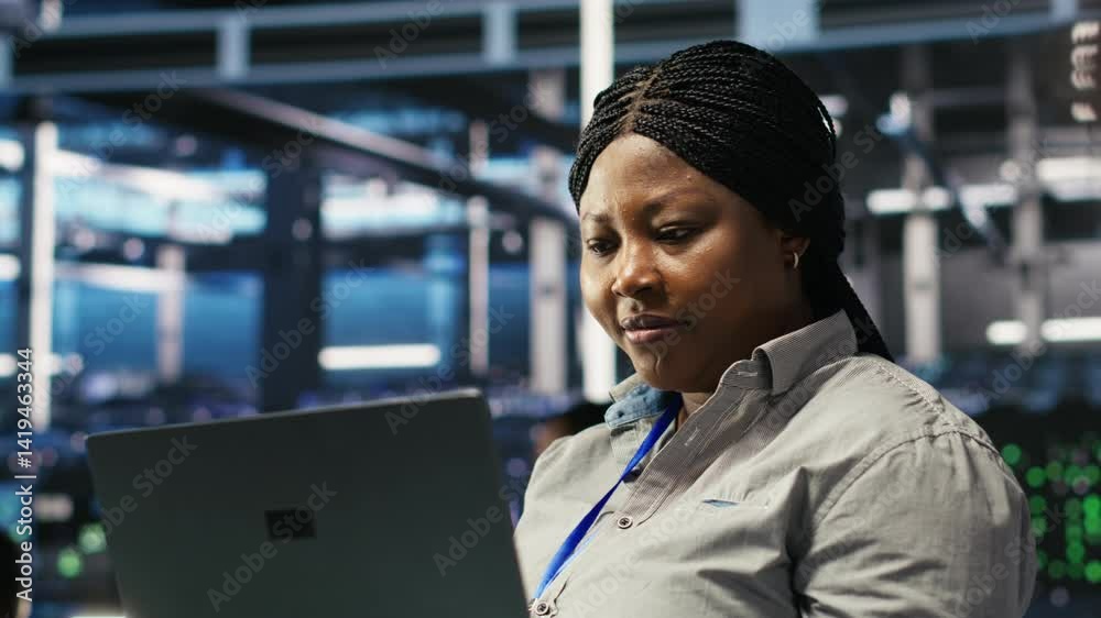 Poster cheerful data center employee using node tree software to analyze datasets. upbeat server facility e