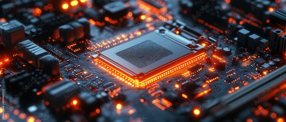 Poster glowing circuits: a close-up of a computer motherboard's central processing unit