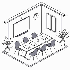 Isometric Conference Room Illustration With Table Chairs And Plants Inside