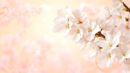 Delicate, pastel pink and white cherry blossoms on a branch against a soft, blurred background. Perfect for spring themes, cards, and websites.