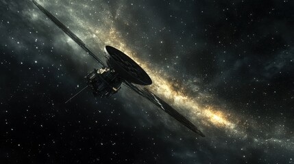Naklejka premium Satellite orbiting above Earth, stars stretching infinitely behind it in the deep black of space
