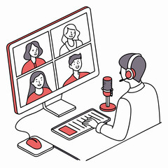 Isometric Illustration Man Working On Computer Attending Online Video Conference Call