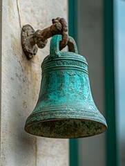 Fototapeta premium Antique teal-colored bell hanging on a wall. Perfect for historical, rustic, or vintage projects.